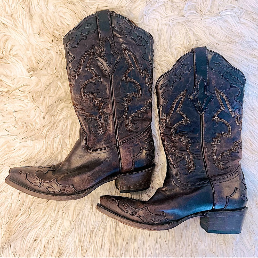 Resistol Ranch Lucchese Womens 7.5B Distressed Cowboy Boots Brown M3533 Inlays